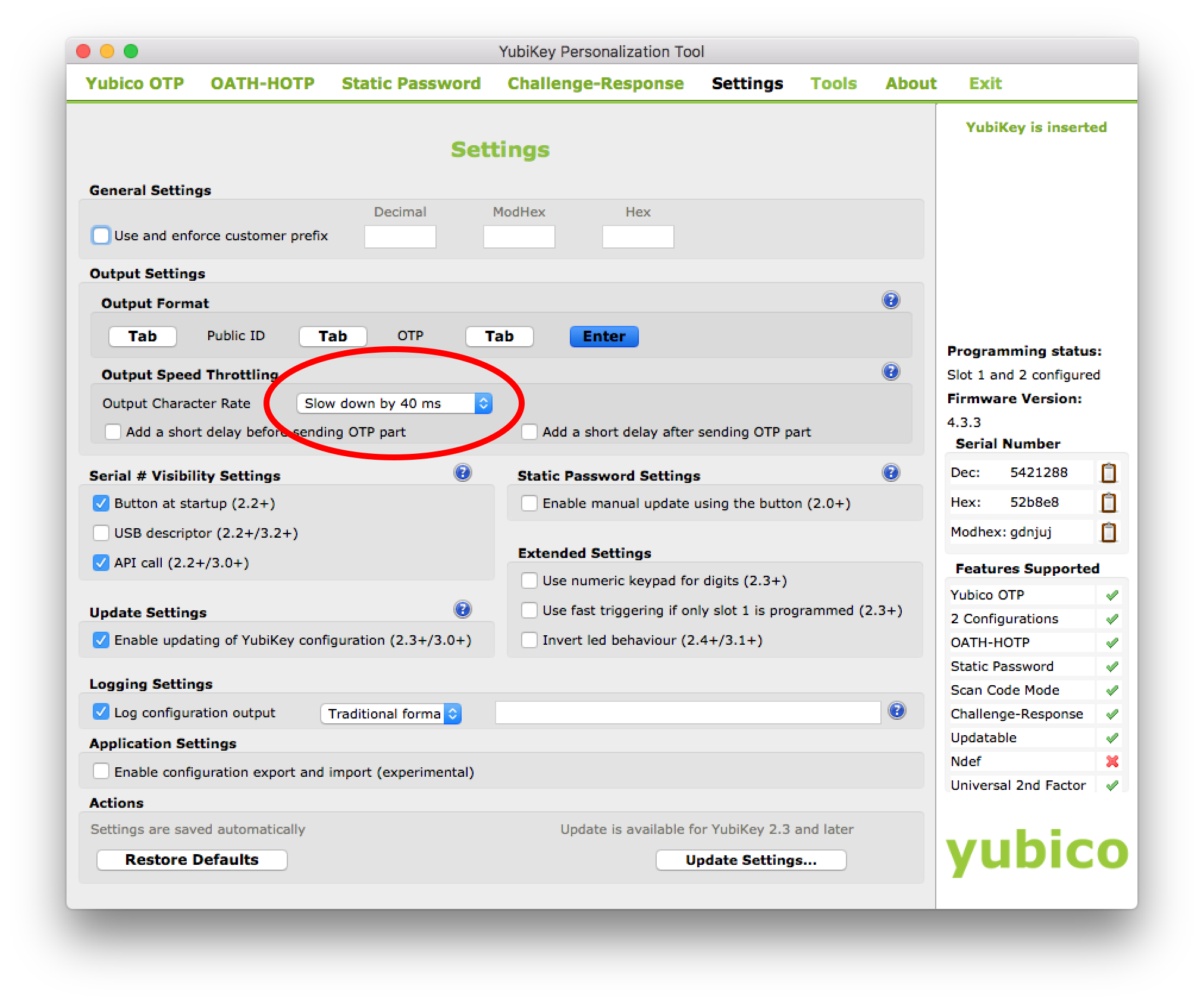 Set YubiKey character delay